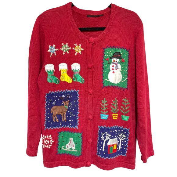 Vintage Red Ugly Christmas Cardigan Sweater Large - Picture 2 of 16